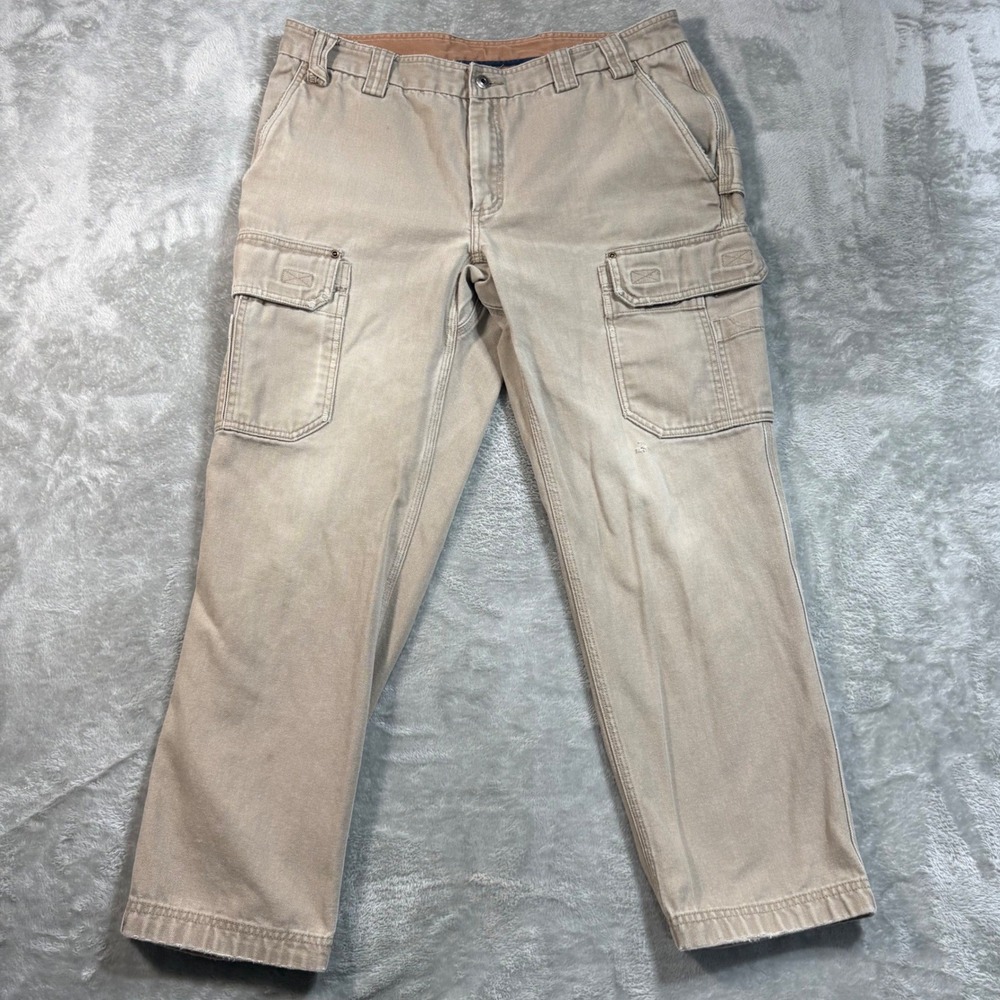 Duluth Trading Co Canvas Cargo Pants Mens 38x32 Tan Khaki Workwear Utility